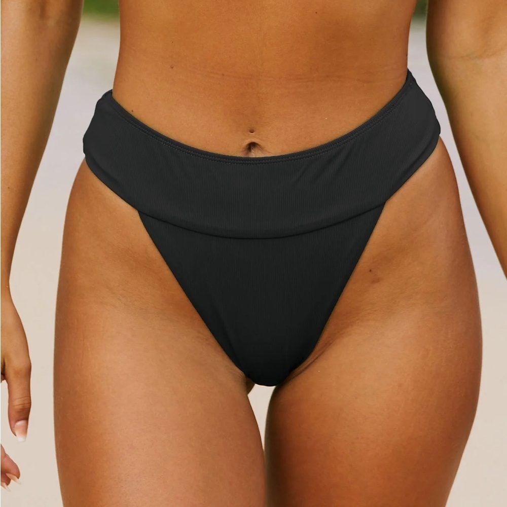 Berlook Black Ribbed High Cut Wide Waistband Bikini Bottom only 50